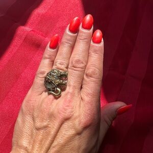 Adorable elephant costume jewelry ring, adjusted band gold coloured with gems